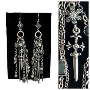 Silvertone 3.5" Dangle Earrings | green stones, sword, flowers, rhinestones EUC